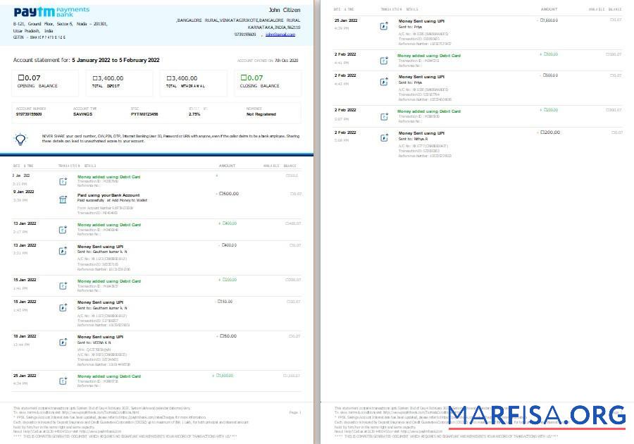 Realistic India Paytm Payments bank statement word 2 pages, version 2 download for verification